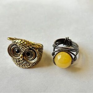 Lot of two fashion jewelry owl and yellow gemstone gold tone